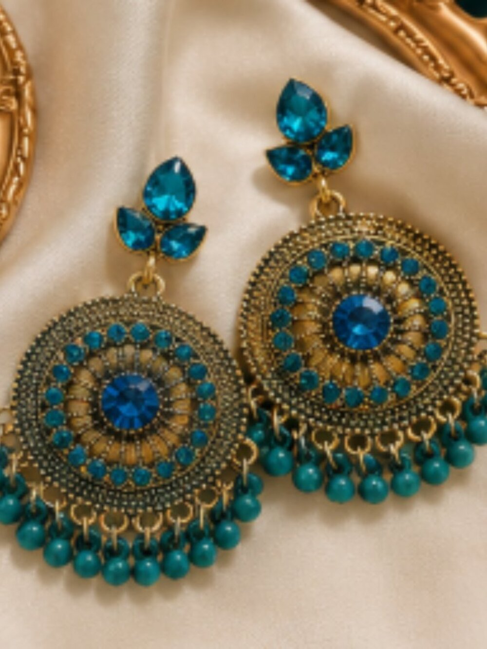 Vintage Style Teardrop Tassel Earrings Blue Mosaic Statement Boho Glam Earrings